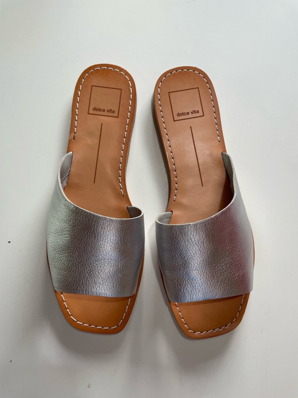 Dolce Vita Metallic Silver Slide Mules with Tan Footbed
